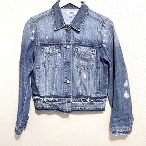 Cropped Distressed Denim Jacket Womens S Blue Wash Button Up Y2K Trend